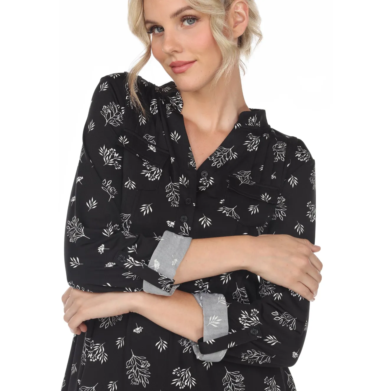 Women's Pleated Long Sleeve Leaf Print Blouse