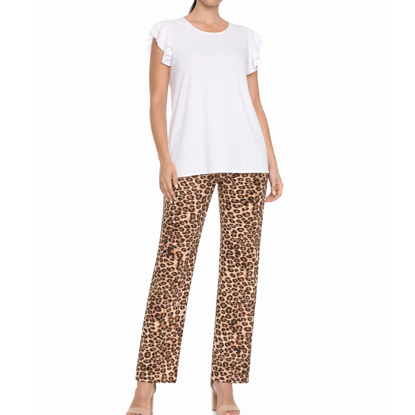Women's Ruffle Sleeve Top and Animal Print Pant Set