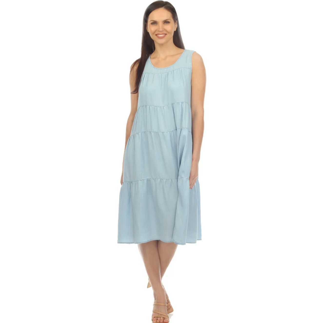 Women's Sleeveless Tiered Chambray Midi Dress