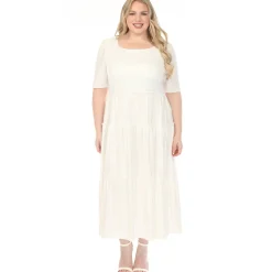 Women'sSquare Neck Short Sleeve Tiered Dress - Off White - Plus