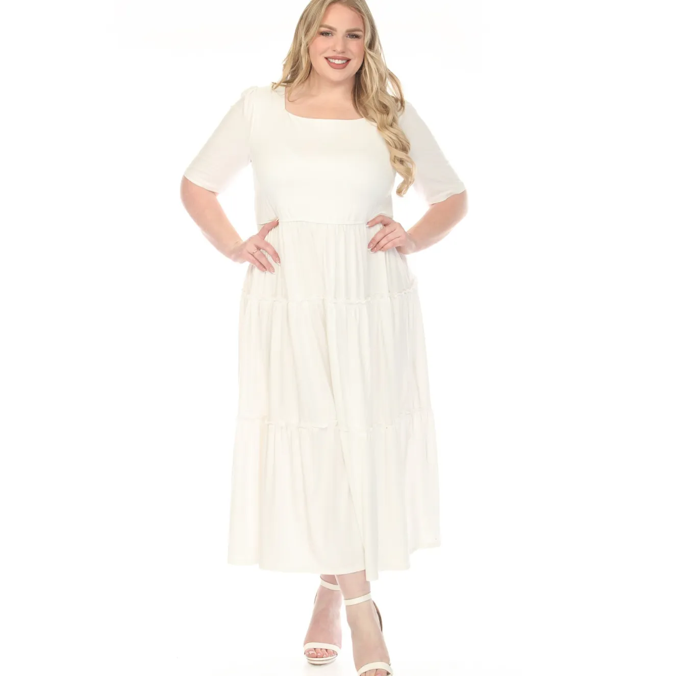 Women'sSquare Neck Short Sleeve Tiered Dress - Off White - Plus