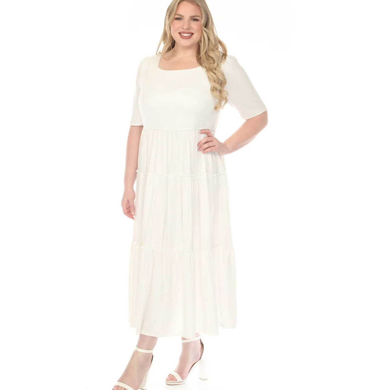 Women'sSquare Neck Short Sleeve Tiered Dress - Off White - Plus