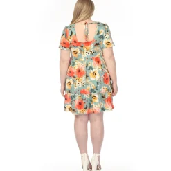 Women'sSquare Neck Short Sleeve Floral Dress - Sage Coral - Plus