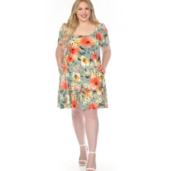 Women'sSquare Neck Short Sleeve Floral Dress - Sage Coral - Plus