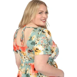 Women'sSquare Neck Short Sleeve Floral Dress - Sage Coral - Plus