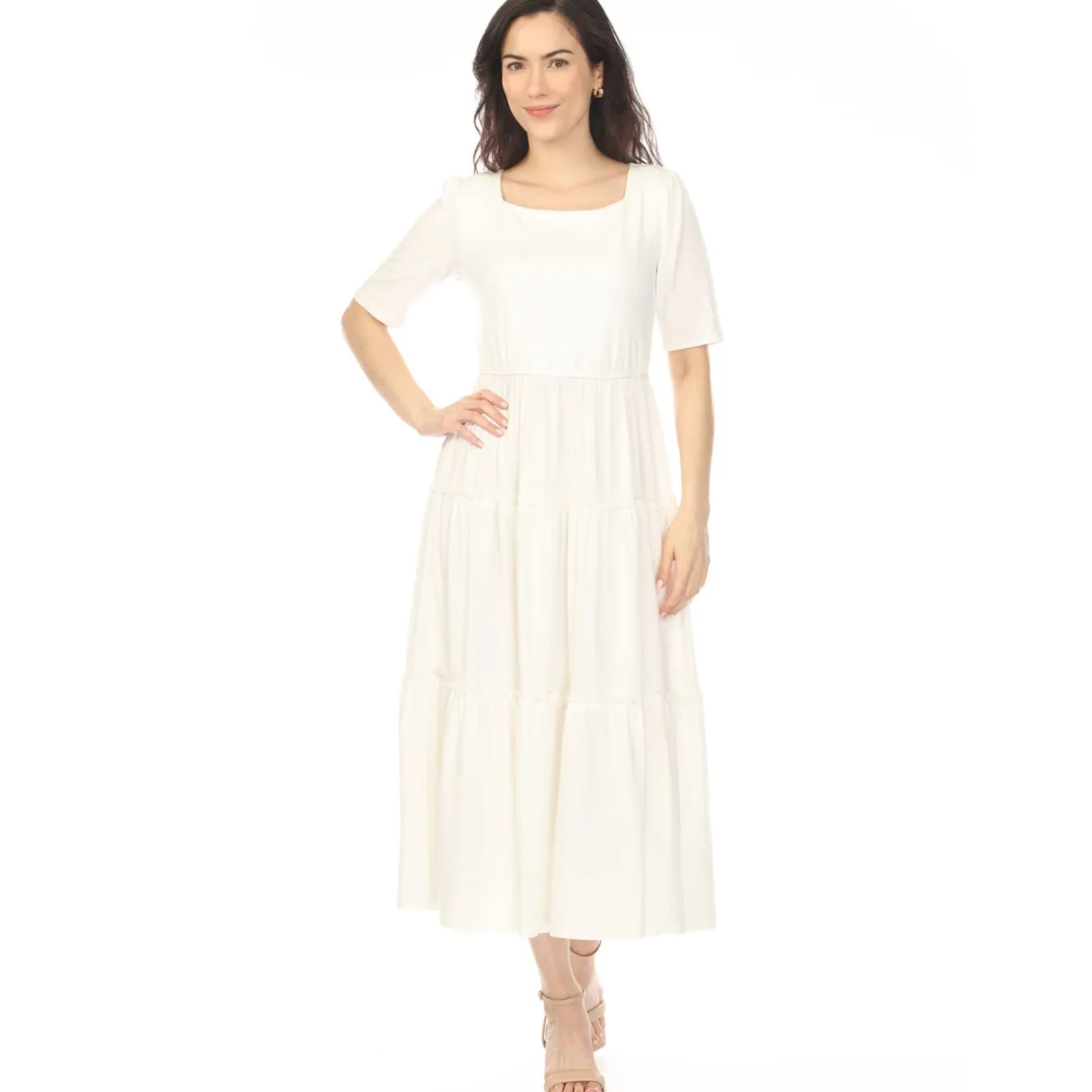 Women's Square Neck Short Sleeve Tiered Dress - Off White