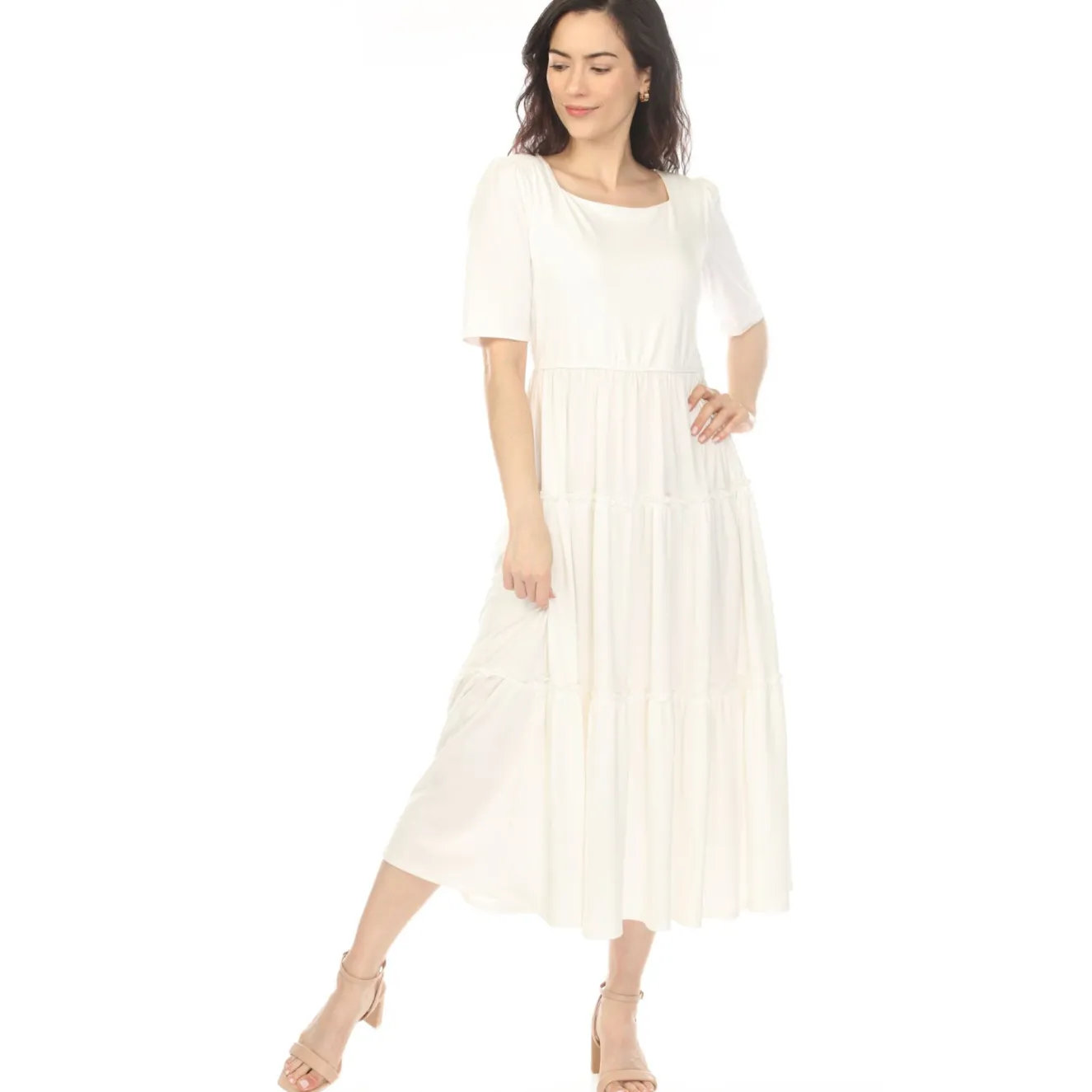 Women's Square Neck Short Sleeve Tiered Dress - Off White