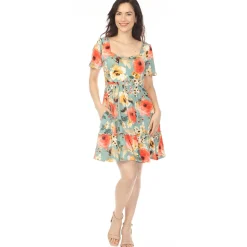 Women's Square Neck Short Sleeve Floral Dress - Sage Coral