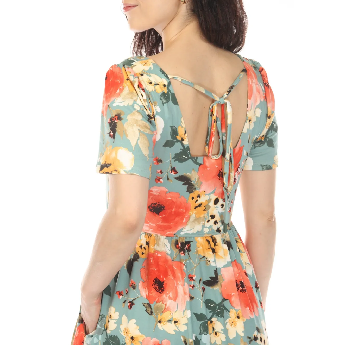 Women's Square Neck Short Sleeve Floral Dress - Sage Coral