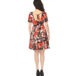 Women's Square Neck Short Sleeve Floral Dress - Black Red