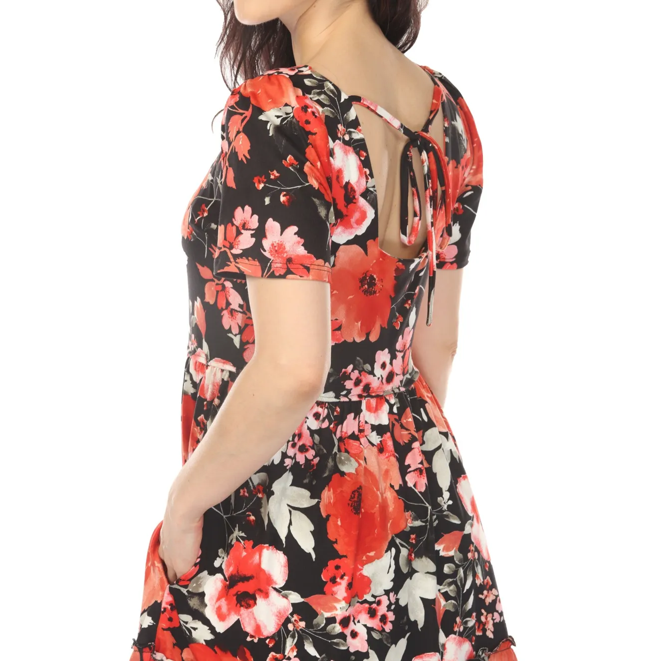 Women's Square Neck Short Sleeve Floral Dress - Black Red