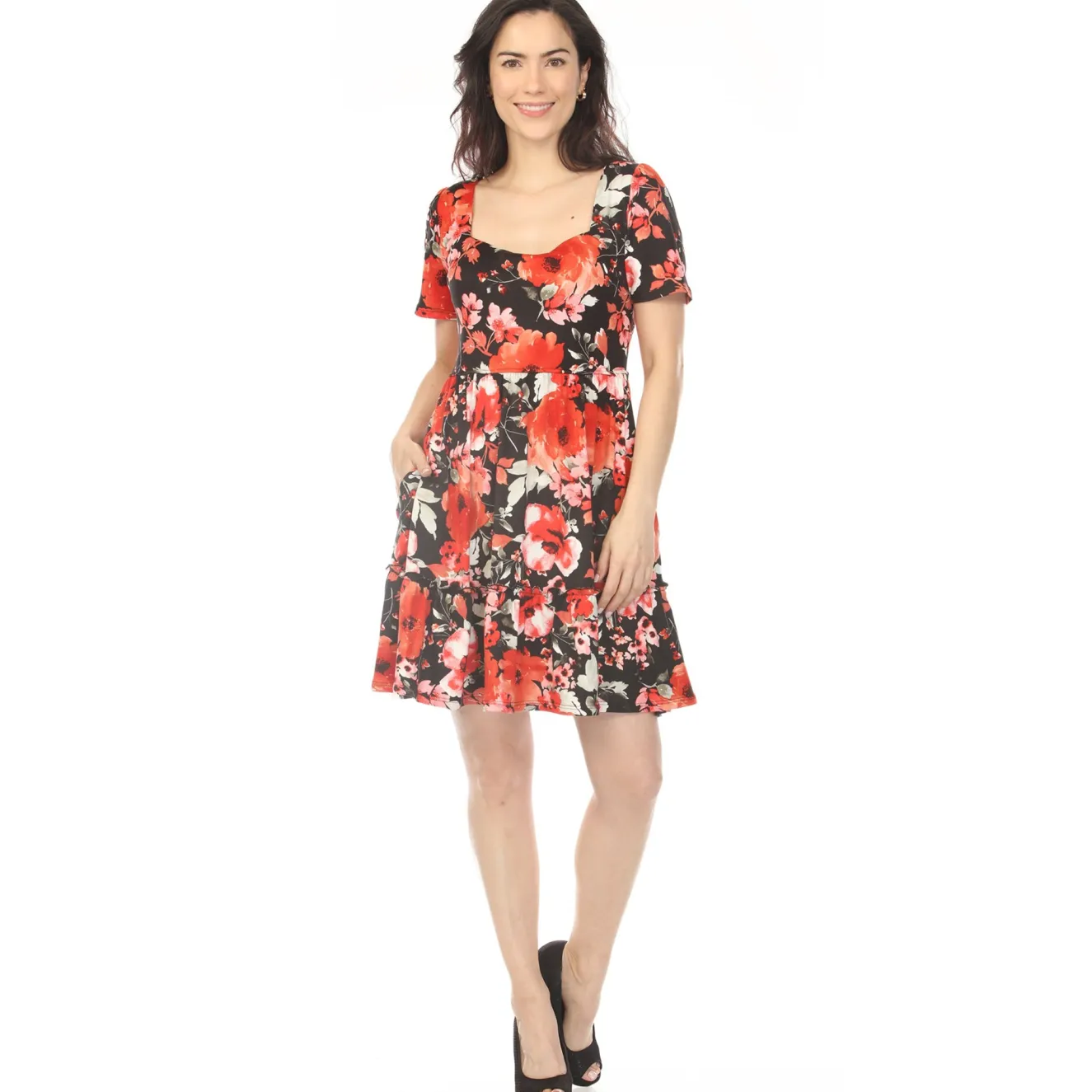 Women's Square Neck Short Sleeve Floral Dress - Black Red