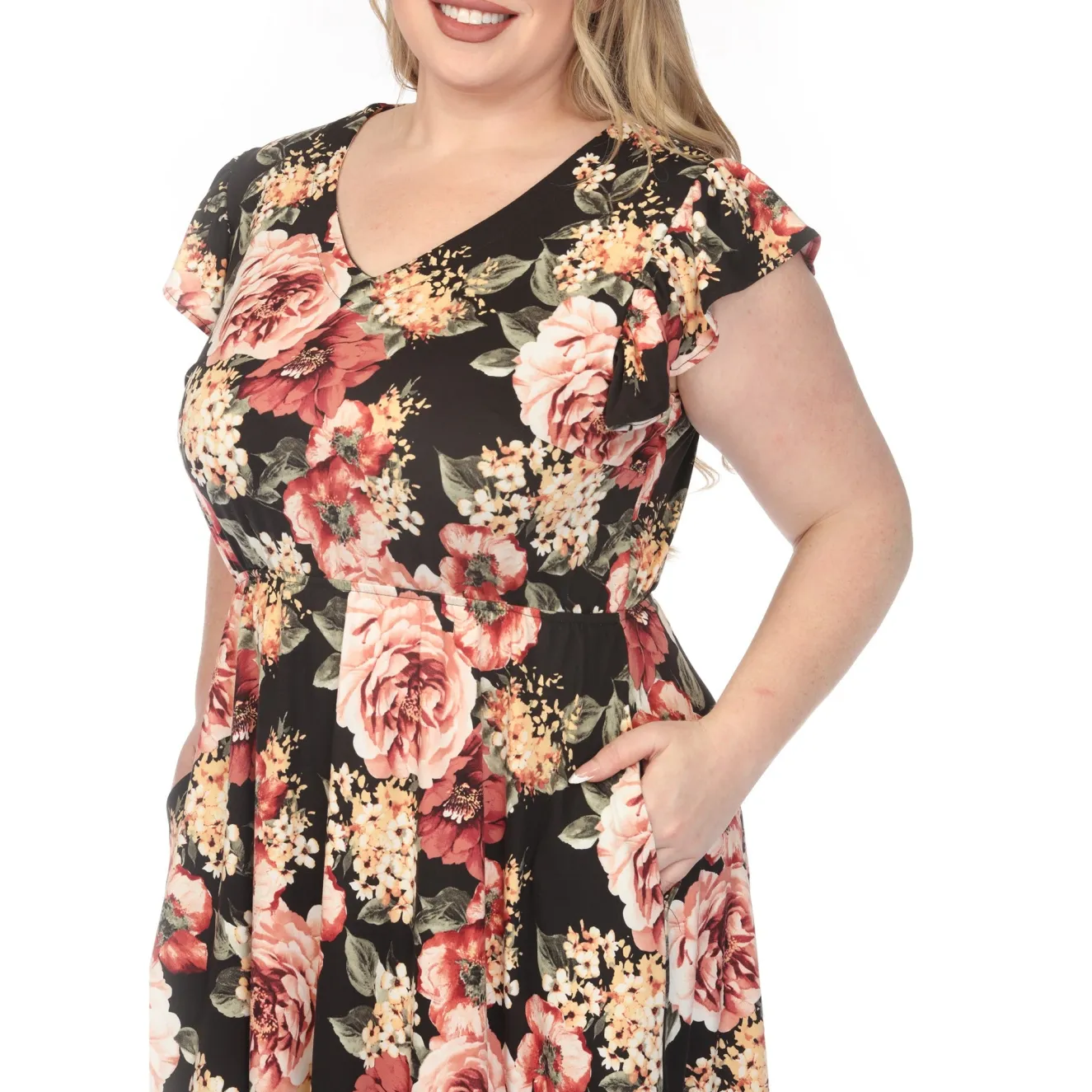 Women'sV-Neck Empire Dress - Black - Plus