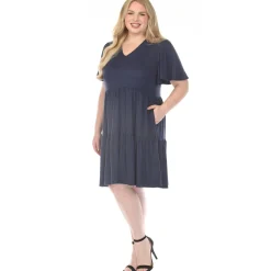 Women'sV-Neck Short Sleeve Dress - Navy - Plus