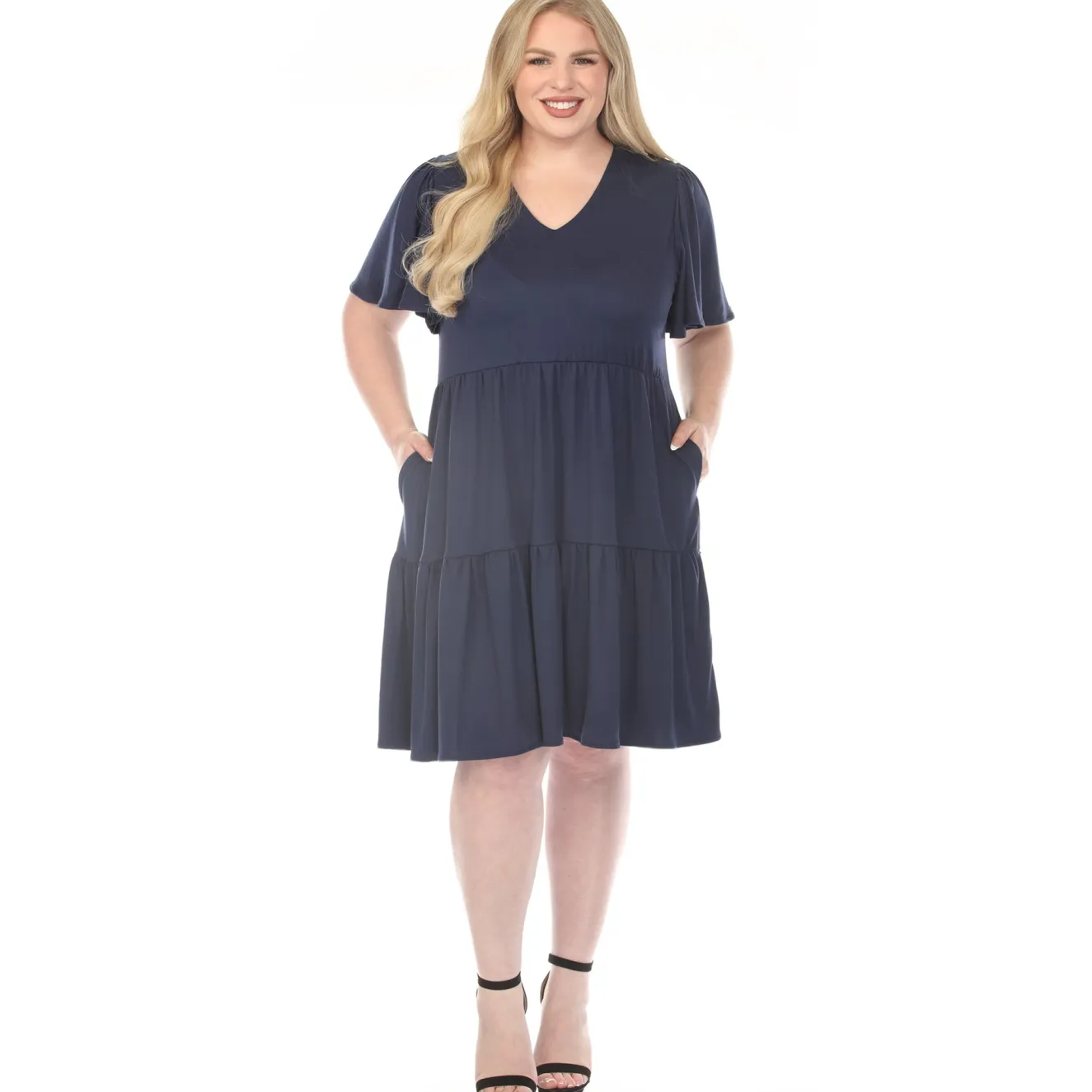 Women'sV-Neck Short Sleeve Dress - Navy - Plus