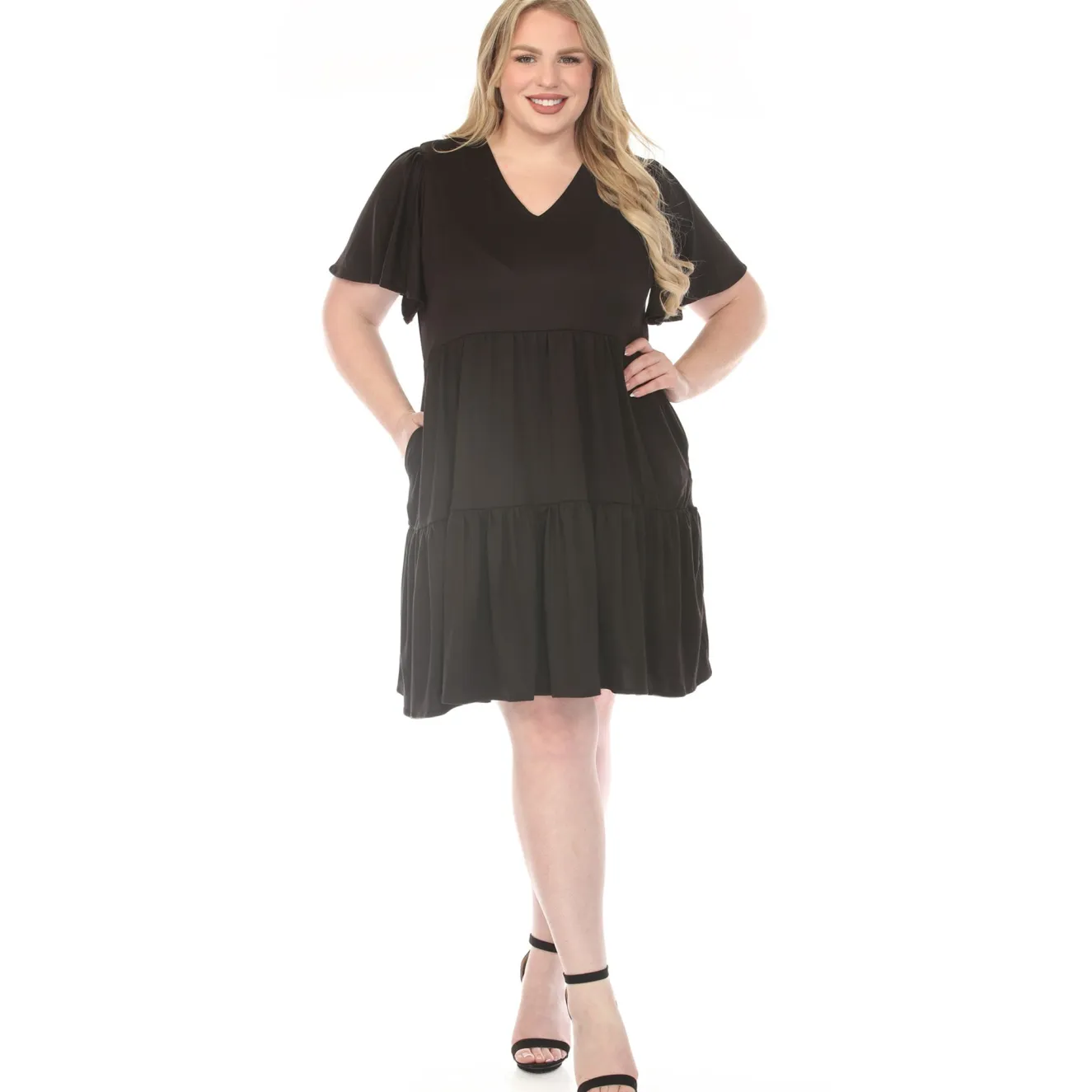 Women'sV-Neck Short Sleeve Dress - Black - Plus