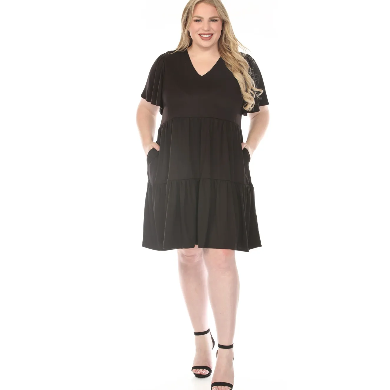 Women'sV-Neck Short Sleeve Dress - Black - Plus