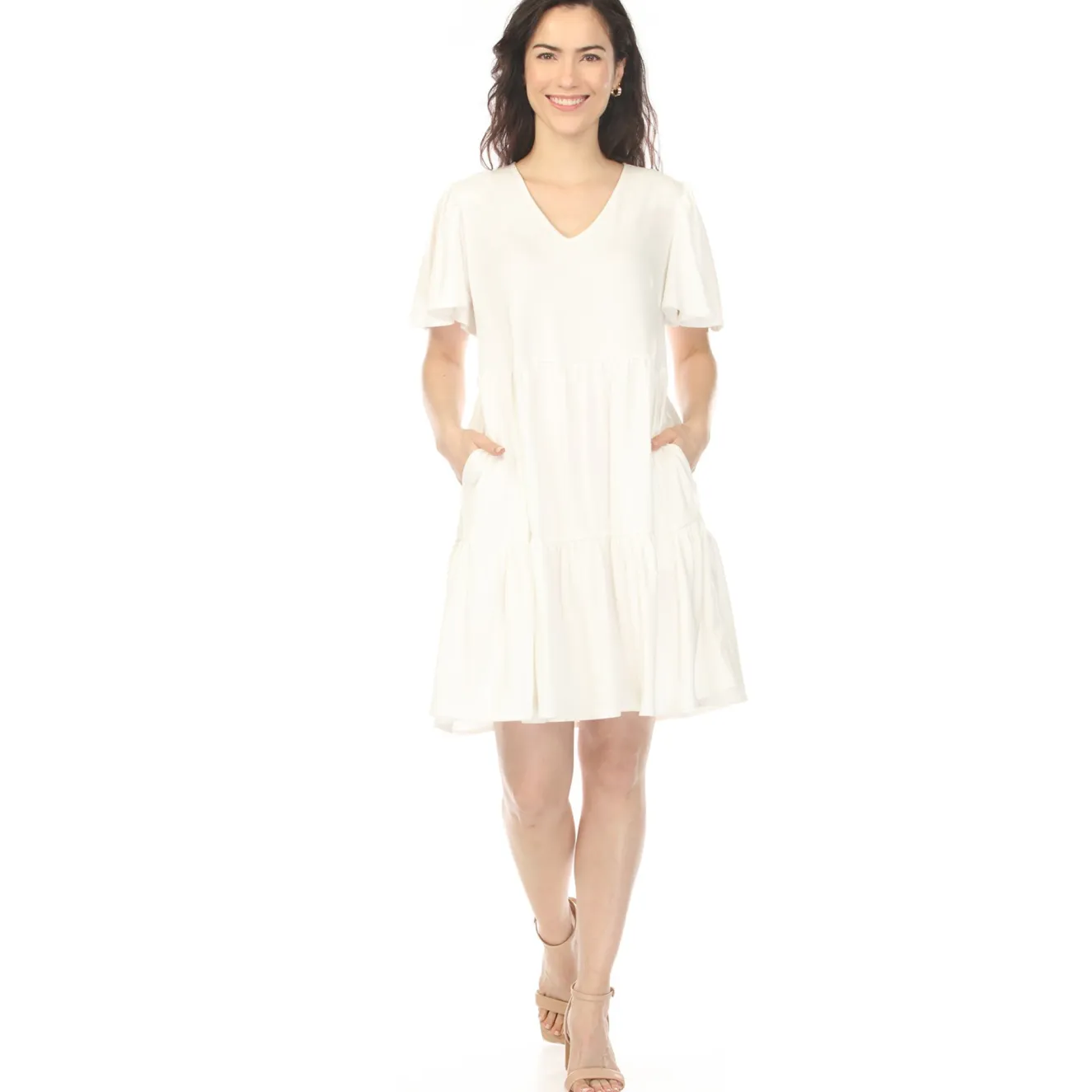 Women's V-Neck Short Sleeve Dress - Off White