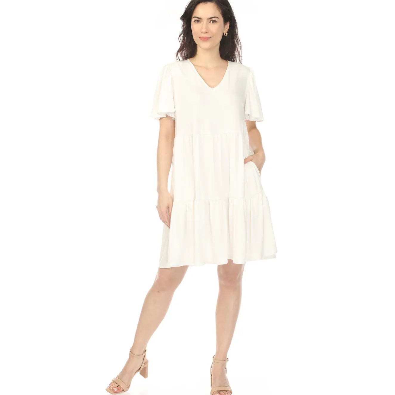 Women's V-Neck Short Sleeve Dress - Off White