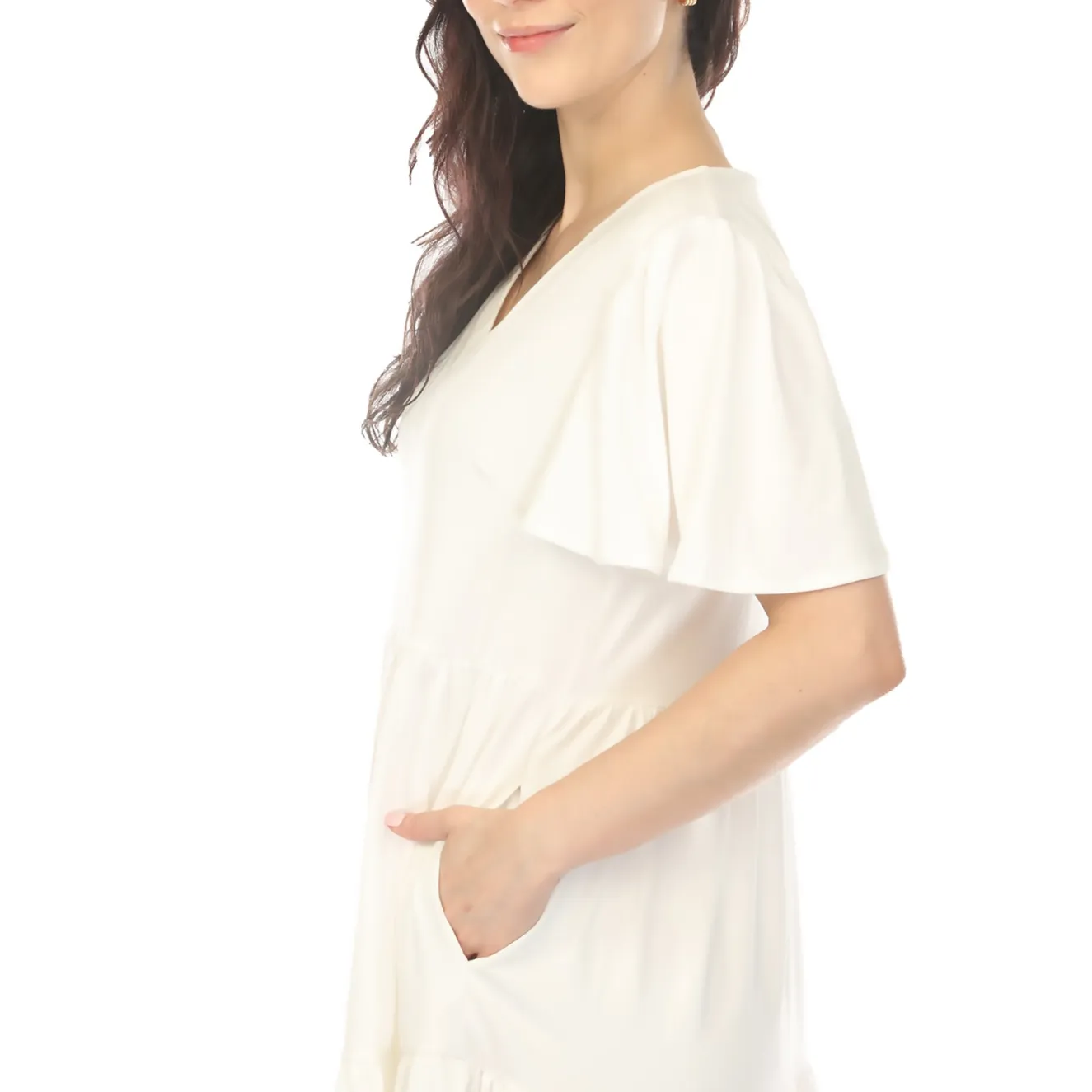 Women's V-Neck Short Sleeve Dress - Off White