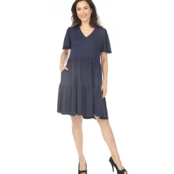 Women's V-Neck Short Sleeve Dress - Navy
