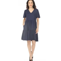 Women's V-Neck Short Sleeve Dress - Navy