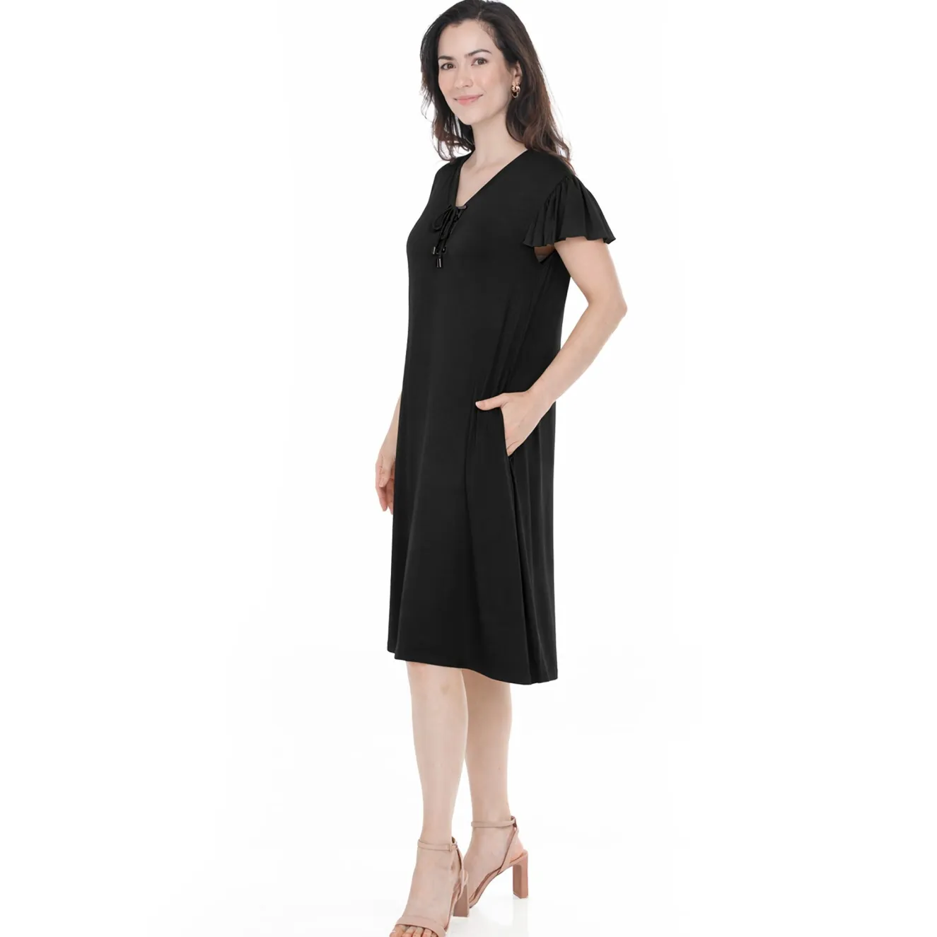 Women's V-Neck Tie Front Flutter Sleeve Shift Dress