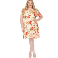 Women'sV-Neck Tropical Flower Short Sleeve Dress - Ivory - Plus
