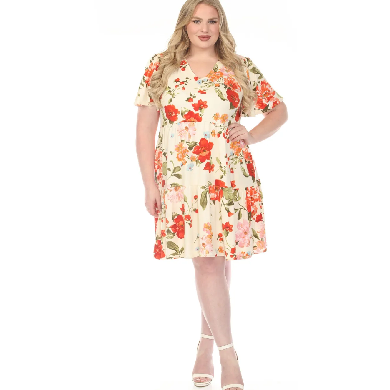 Women'sV-Neck Tropical Flower Short Sleeve Dress - Ivory - Plus