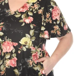 Women'sV-Neck Tropical Flower Short Sleeve Dress - Black - Plus