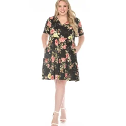 Women'sV-Neck Tropical Flower Short Sleeve Dress - Black - Plus