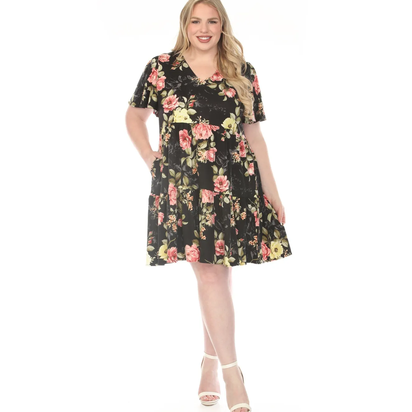 Women'sV-Neck Tropical Flower Short Sleeve Dress - Black - Plus