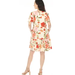 Women's V-Neck Tropical Flower Short Sleeve Dress - Ivory