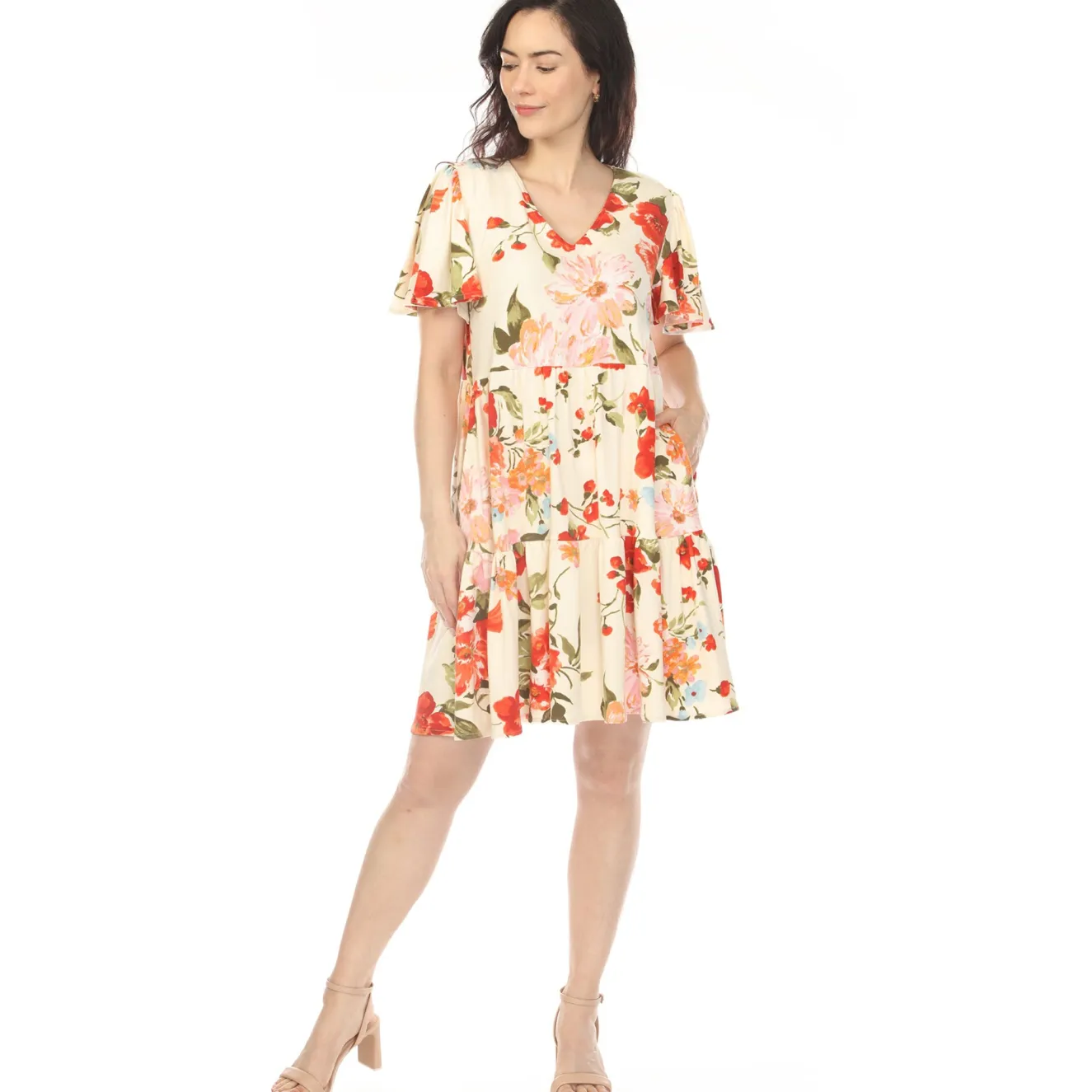 Women's V-Neck Tropical Flower Short Sleeve Dress - Ivory