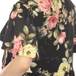 Women's V-Neck Tropical Flower Short Sleeve Dress - Black