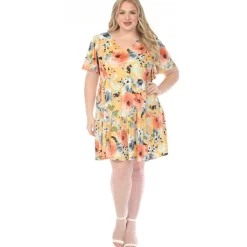 Women'sV-Neck Vintage Floral Short Sleeve Dress - Yellow - Plus