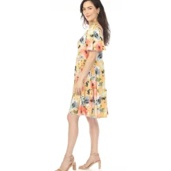 Women's V-Neck Vintage Floral Short Sleeve Dress - Yellow