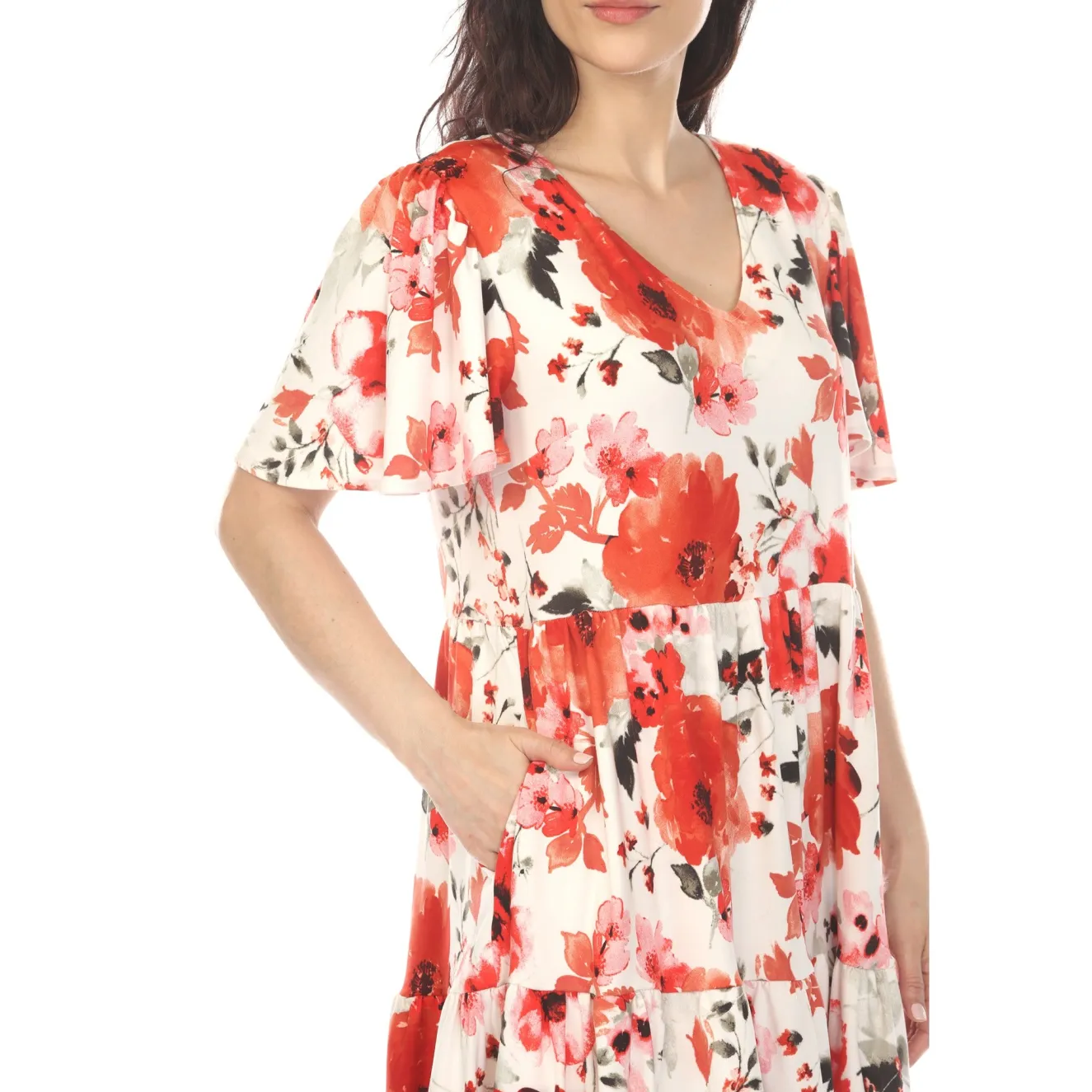 Women's V-Neck Vintage Floral Short Sleeve Dress - Red